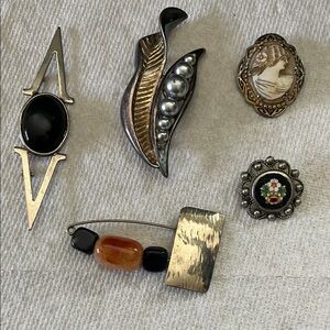 Vintage Brooch and Pin Set with Black and Gold Accents